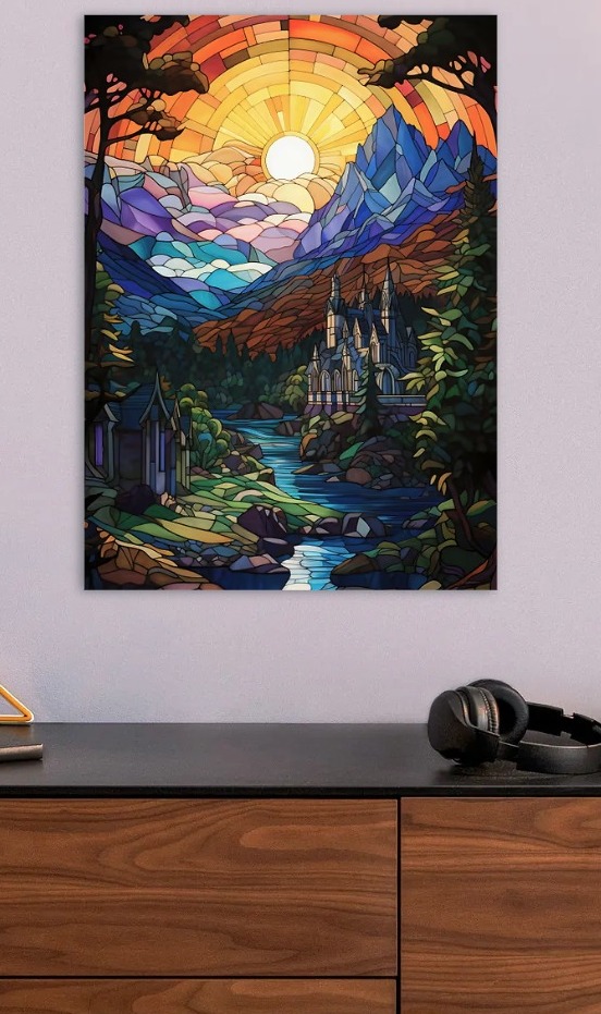 Stained Glass Fantasy Landscape with Castle — metal poster wall art by Lineer